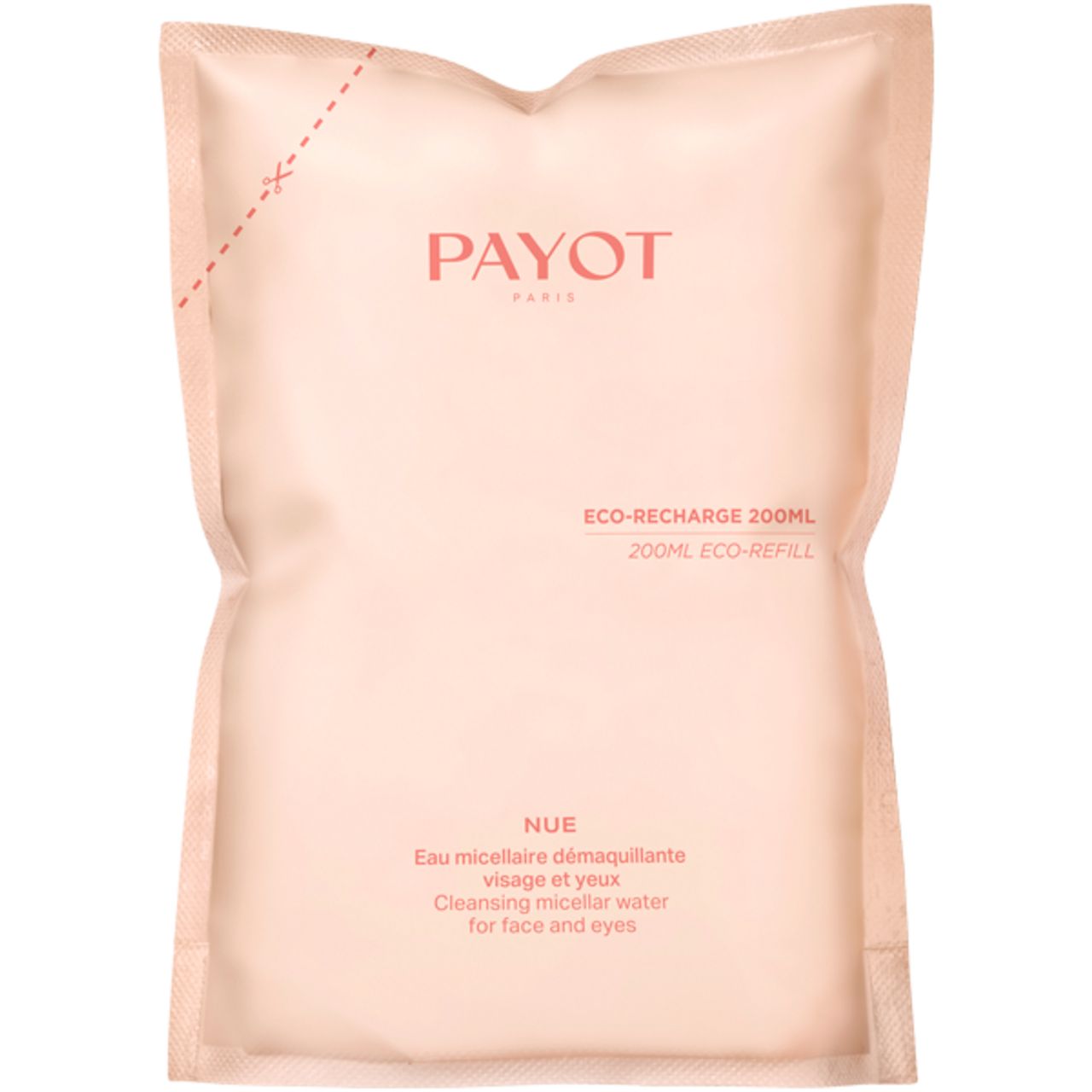 Beige navulverpakking met Payot-logo en productnaam. Tekst: Eco-Recharge 200ml, Nue Eau Micellaire Démaquillante.