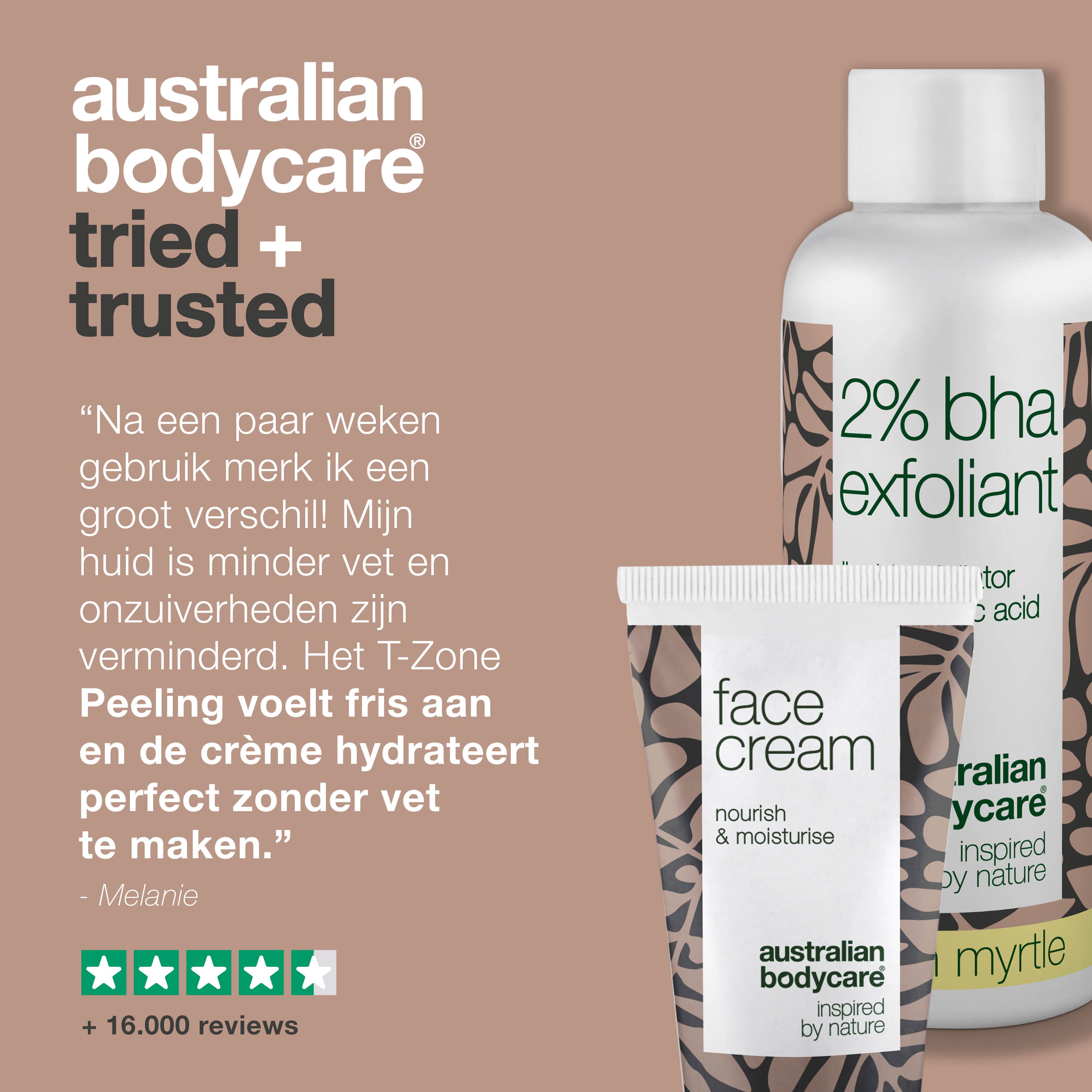 Twee producten: 2% BHA Exfoliant en Face Cream. Tekst: Australian Bodycare, Tried + Trusted. Citaat.