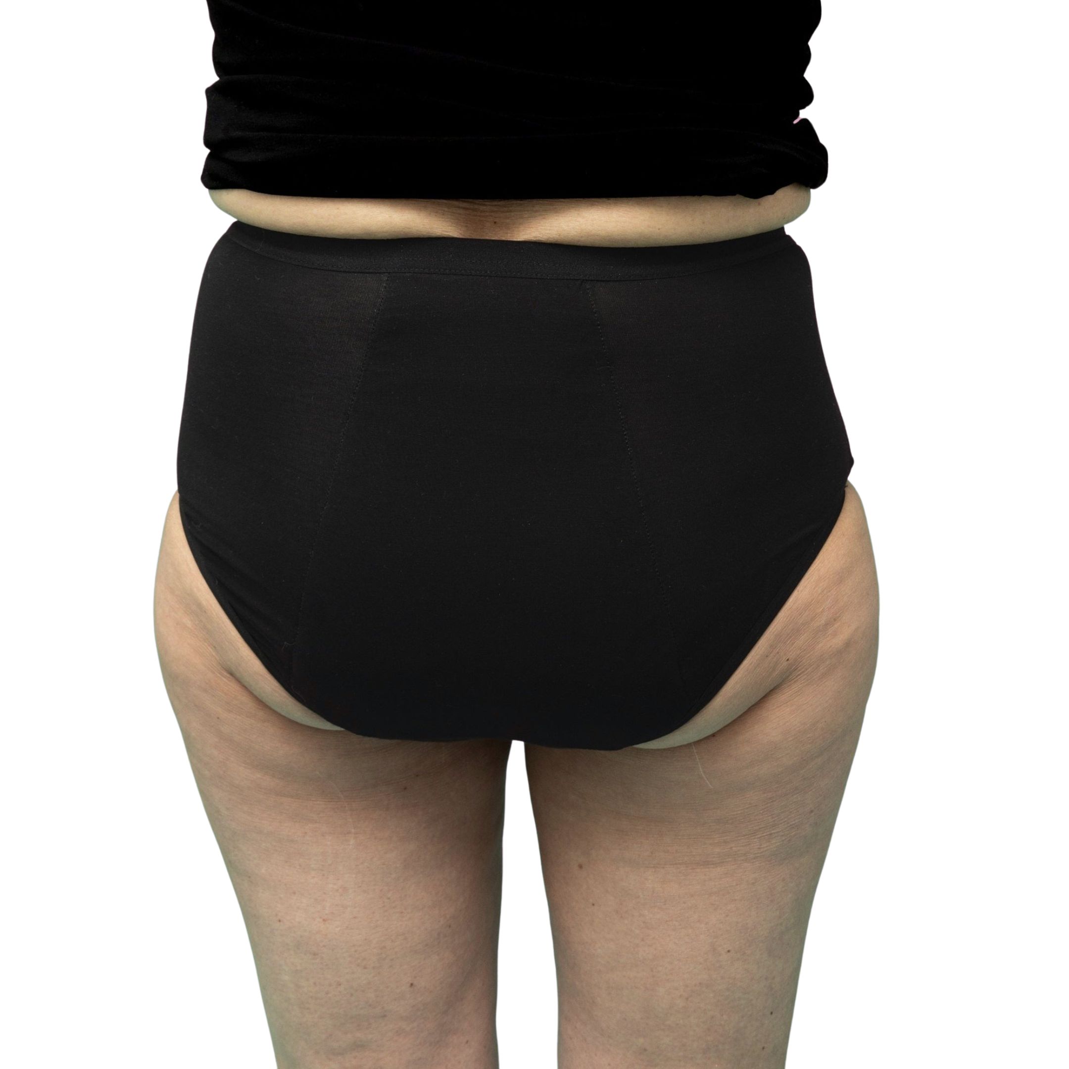 Vue arrière d'une culotte noire ultra-absorbante. Taille haute, couvrant le ventre.