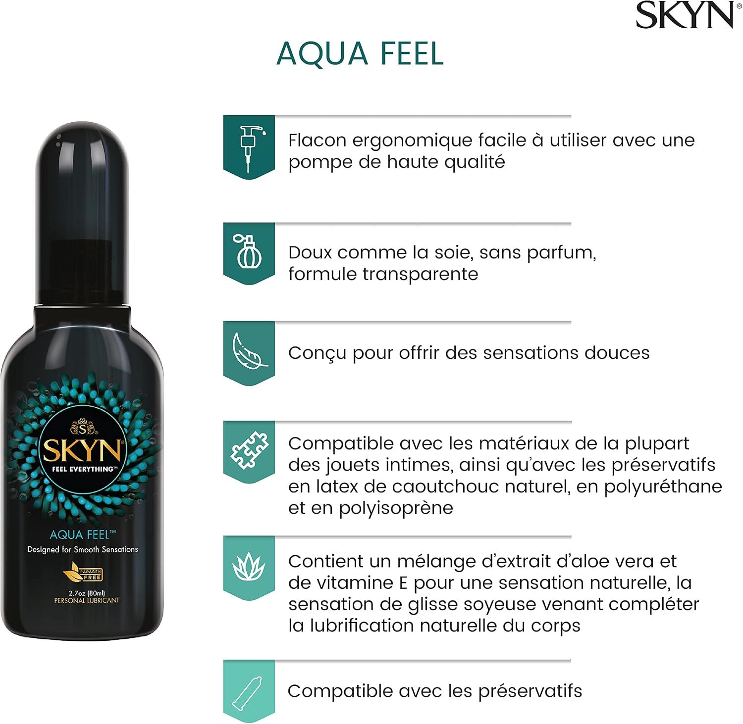 Lubrifiant SKYN Aqua Feel : flacon ergonomique, soyeux, sans parfum, à l'aloe vera et vitamine E.