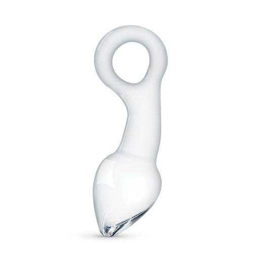 Prostatadildo en verre transparent avec anneau. Corps en forme de goutte, forme arrondie.