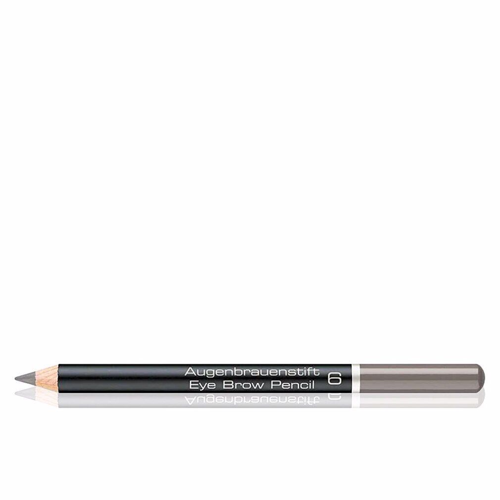 Crayon à sourcils gris. Corps noir avec inscription 'Augenbrauenstift Eye Brow Pencil 6'. Pointe et extrémité inférieure grises.