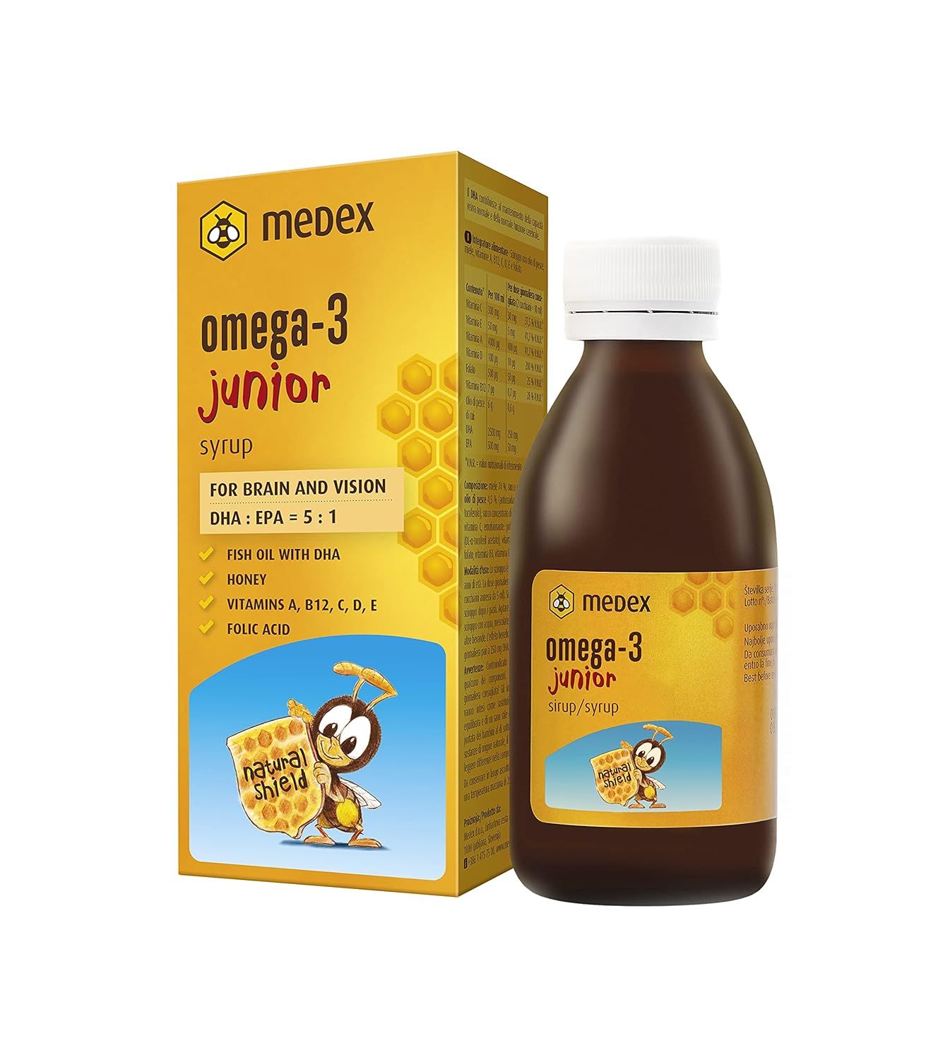Bouteille et boîte jaunes avec informations produit. Inscription : Omega-3 Junior sirop. Contient du miel et des vitamines.