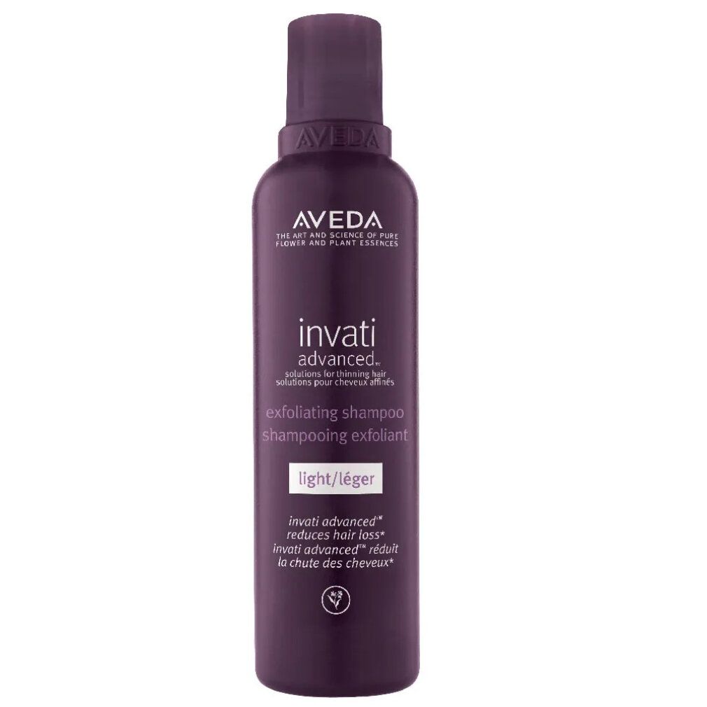 Flacon violet foncé Aveda Invati Advanced. Shampooing exfoliant light/léger. Logo végétalien.
