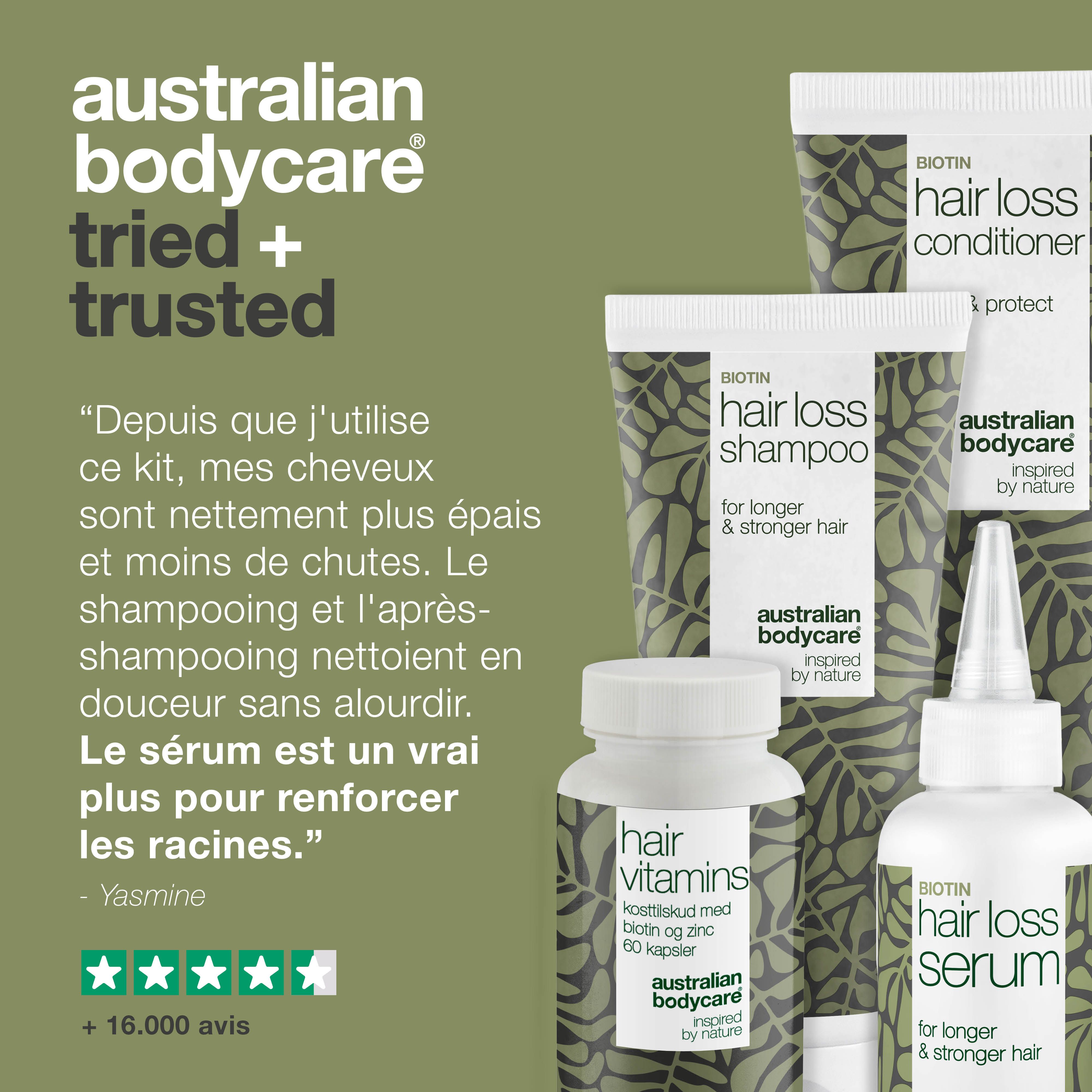 Ensemble de produits : shampooing, après-shampooing, sérum et comprimés. Texte : témoignage, +16 000 avis.