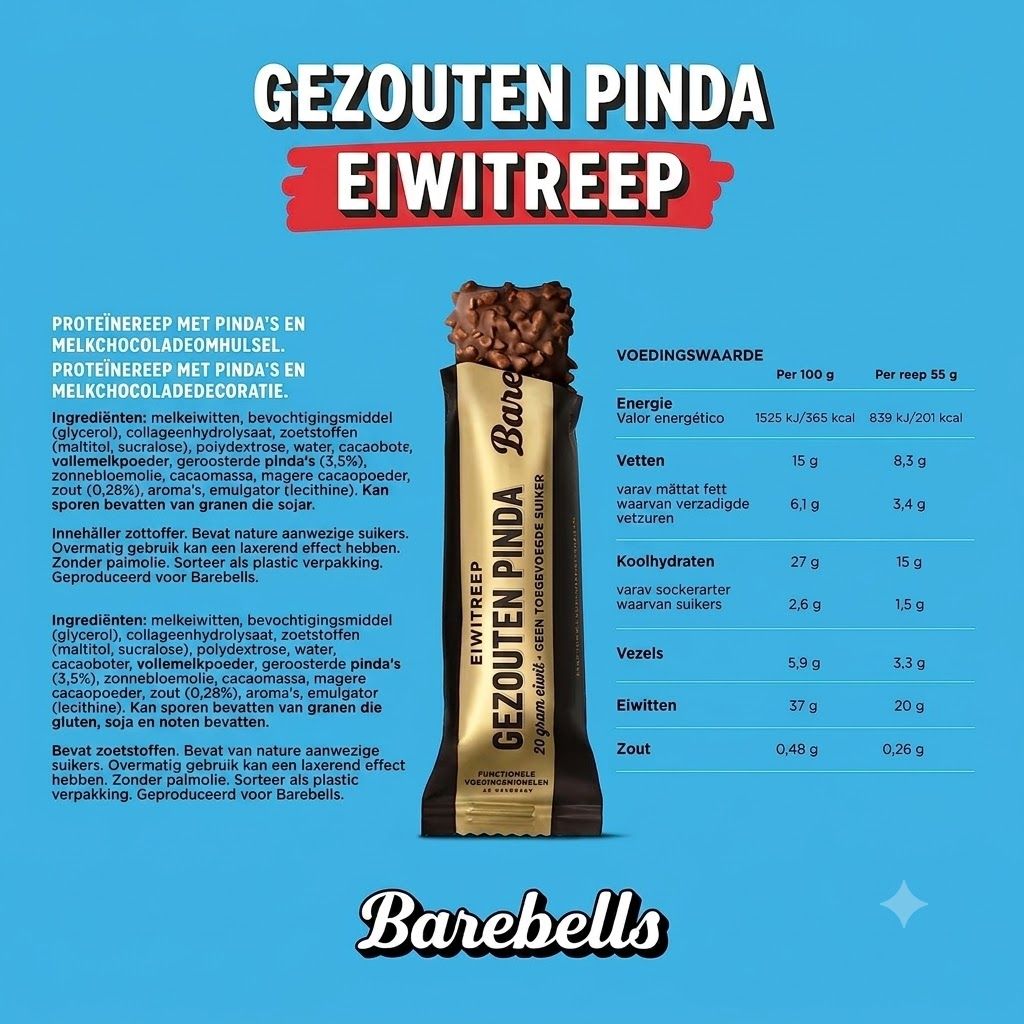 Barebells eiwitbar "Gezouten Pinda" met voedingswaarden en ingrediënten in het Nederlands.