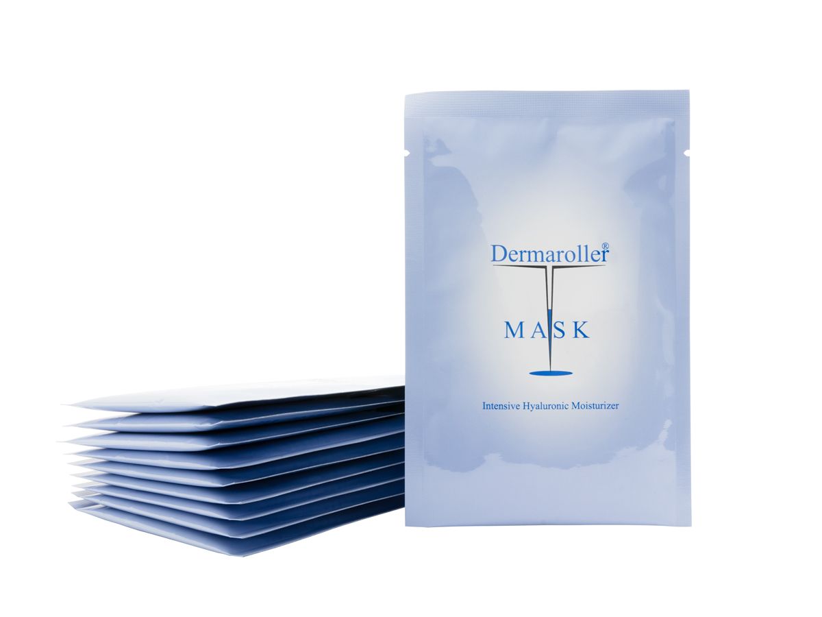 Een stapel van vijf individueel verpakte Dermaroller Maskers naast een enkele.