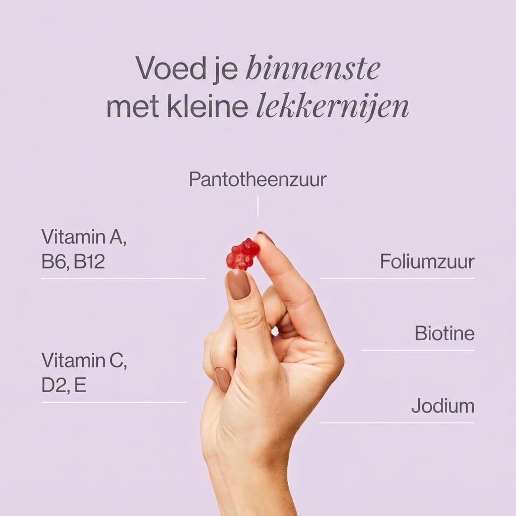 Een hand houdt een rode vitaminegummie vast. Lijst met vitamines A, B6, B12, C, D2, E, pantotheenzuur, foliumzuur, biotine, jodium.