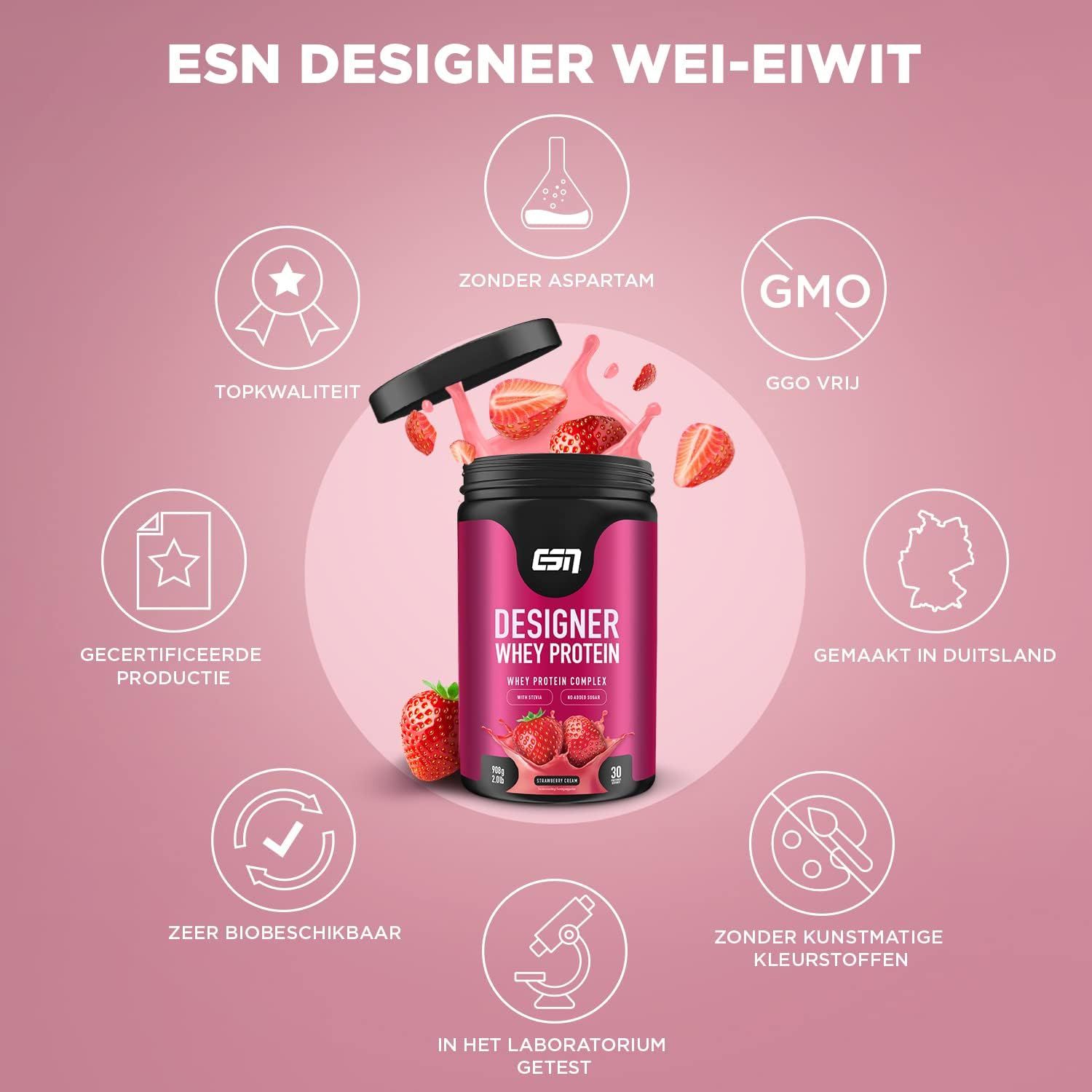 Etiket van de ESN Designer Whey Protein Aardbei Room pot met voedingswaarden en bereidingsinstructies.