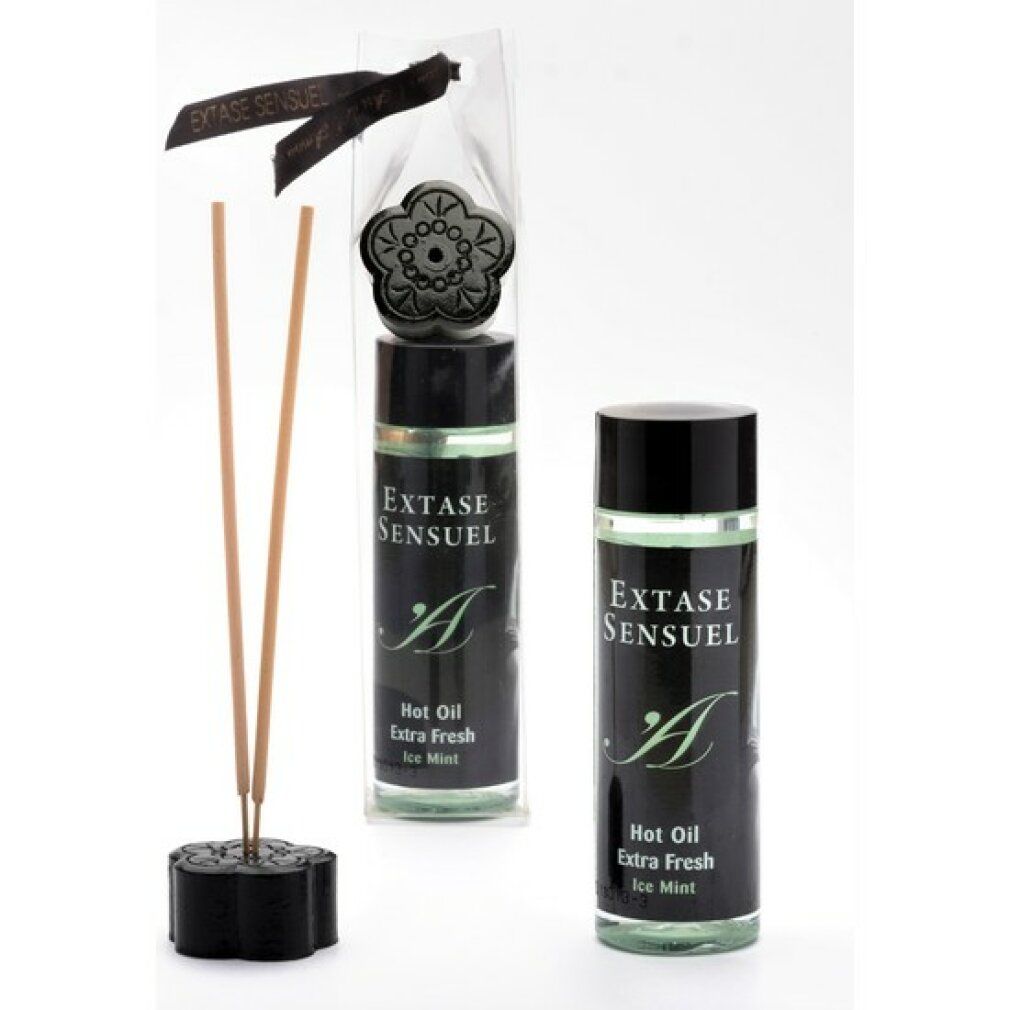 Twee flacons "Extase Sensuel Hot Oil Extra Fresh Ice Mint" en een geurstaafjes set.