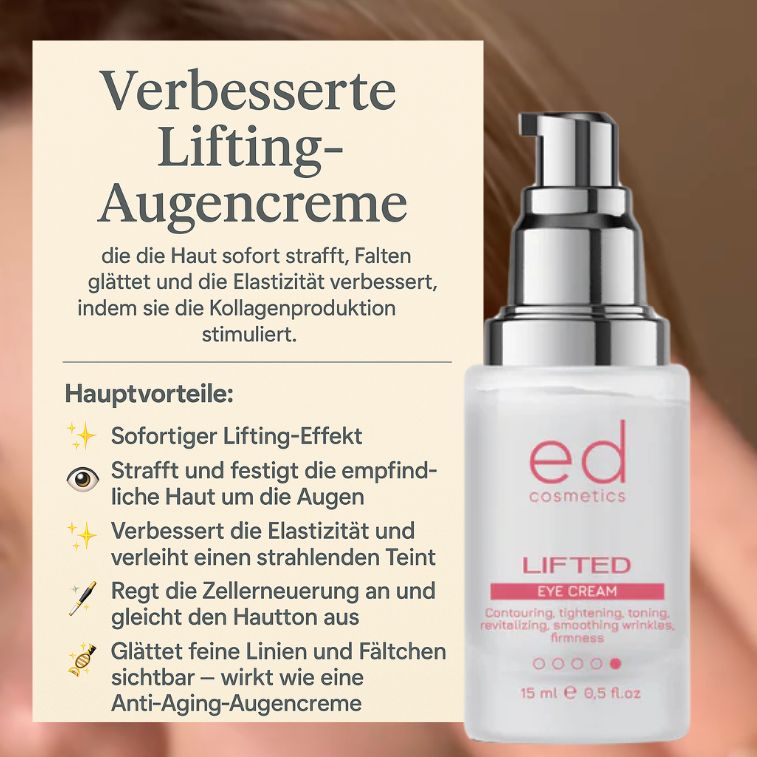 Flacon de crème pour les yeux avec pompe argentée. Inscription : "ed cosmetics LIFTED EYE CREAM".