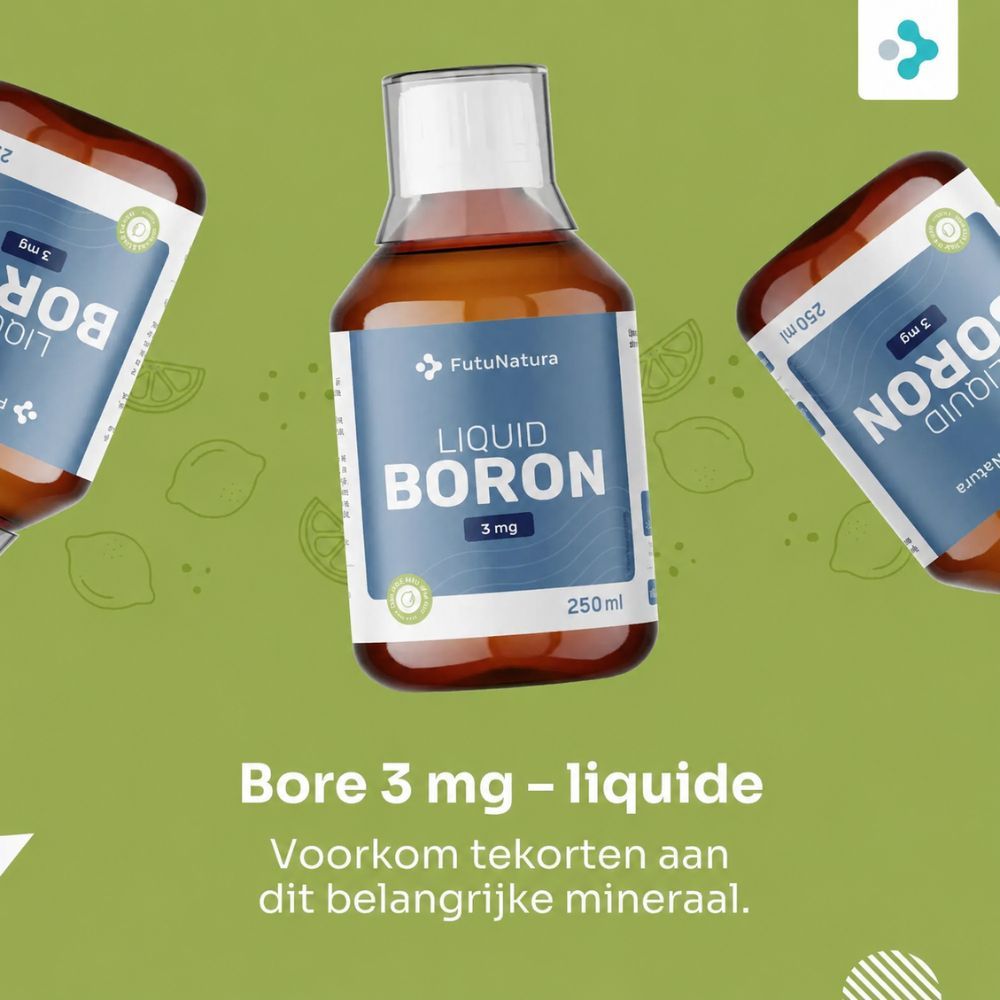 Drie flessen vloeibaar boron. Achtergrond met citroenen. 250 ml.