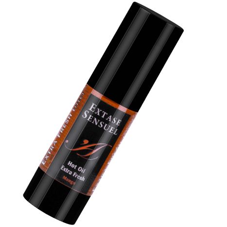 Extase Sensuel Hot Oil Extra Fresh Mango in zwarte fles met pompdispenser.