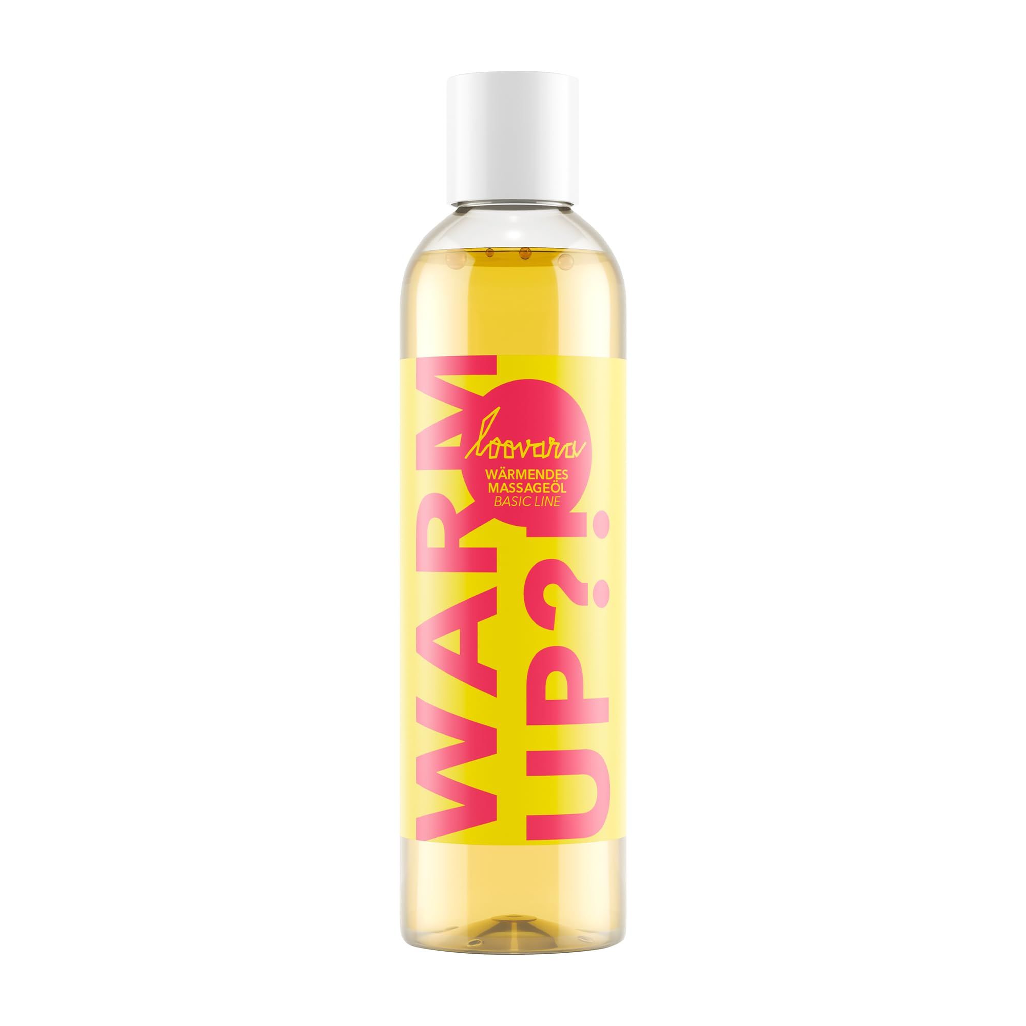 Fles met gele massageolie en opschrift "WARM UP?!". 