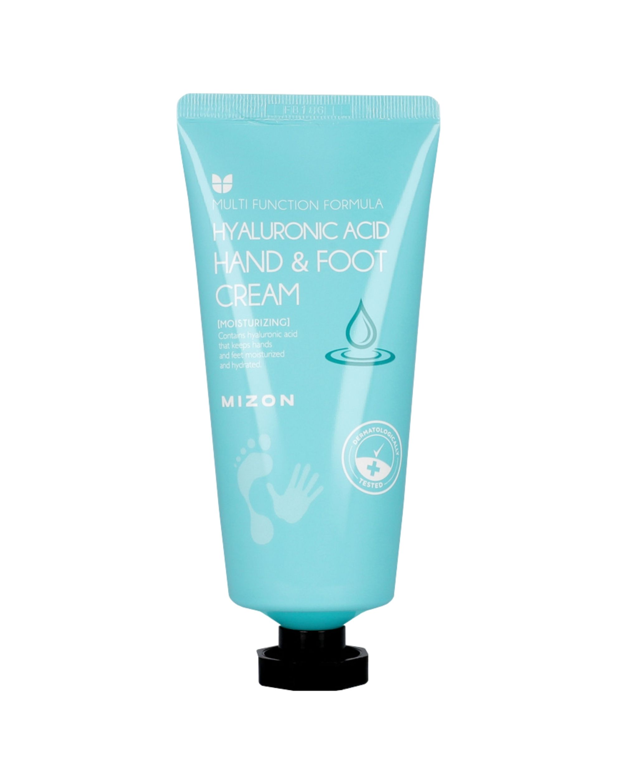 Tube turquoise avec bouchon noir. Inscription: Crème mains et pieds à l'acide hyaluronique. Marque: MIZON. Testé dermatologiquement.