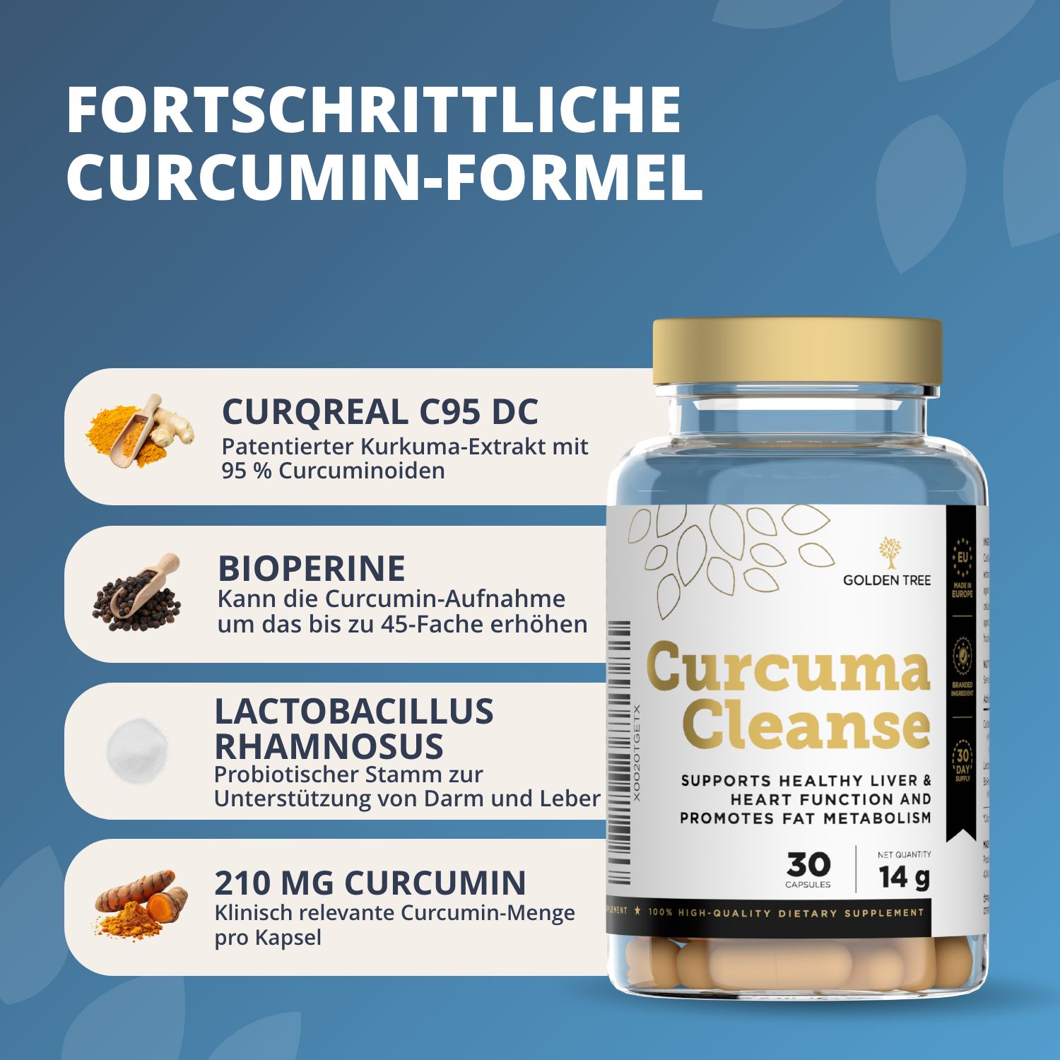 Fles Curcuma Cleanse met gedetailleerde beschrijving van ingrediënten zoals CurQreal C95 DC en Bioperine.