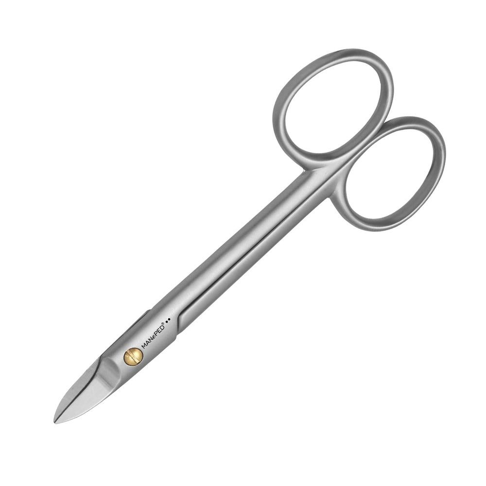 Metalen nagelschaar. Met twee vingerringen en gebogen snijkant. Merk MANePed.