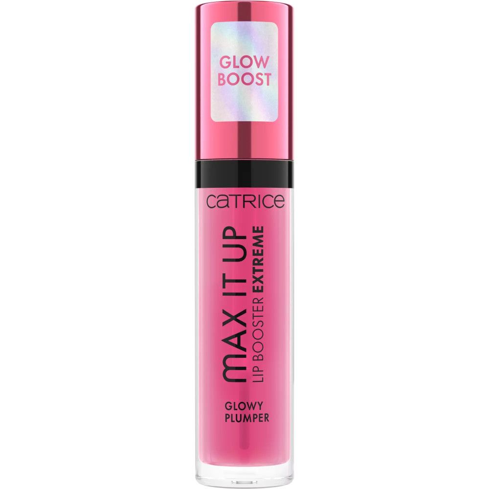 Catrice Max It Up Lip Booster Extreme. Roze lipglossflesje met zwarte dop. Tekst: Glowy Plumper.