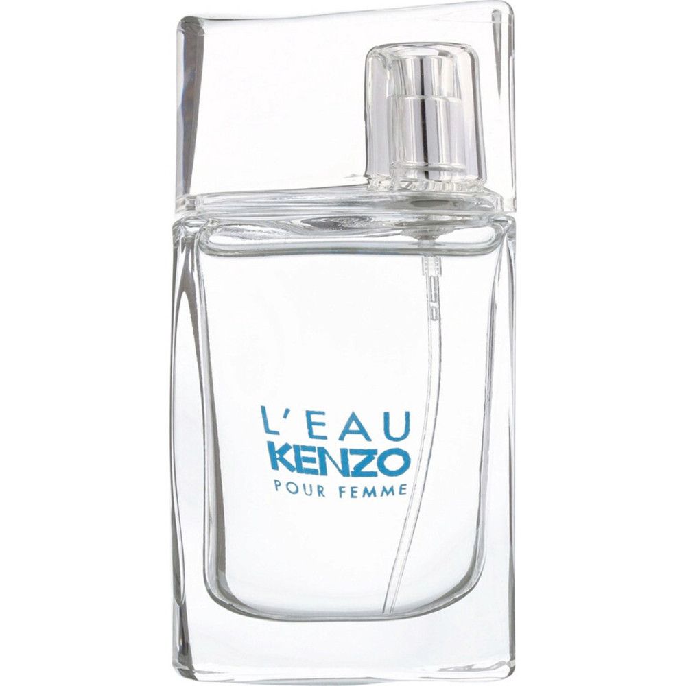 Glazen fles met verstuiver. Opschrift: L'EAU KENZO POUR FEMME. Transparante, rechthoekige fles met transparante dop.