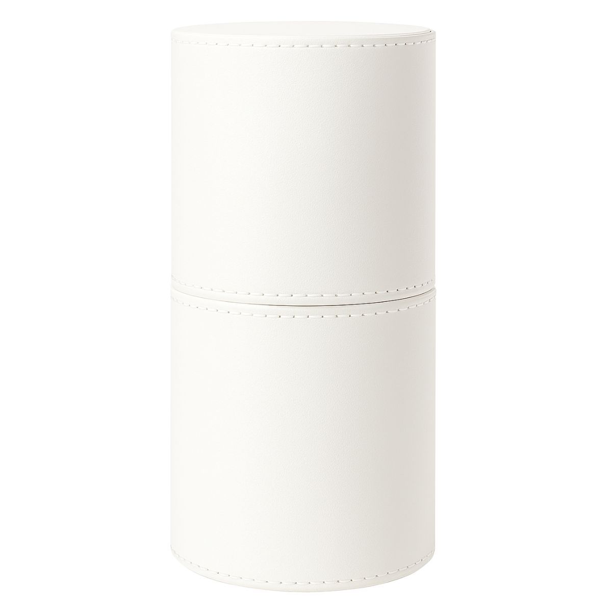 Contenant cylindrique blanc avec détails de couture.