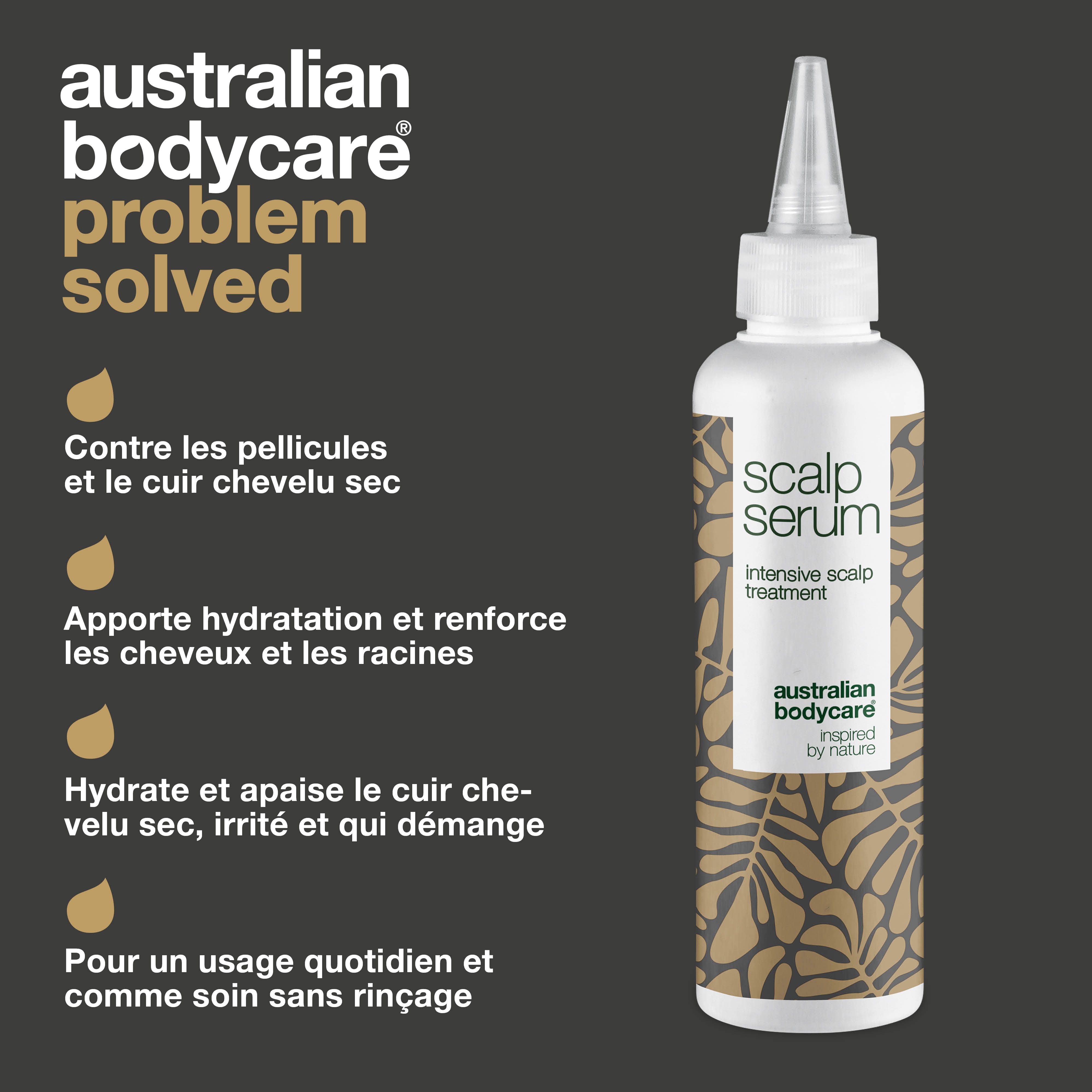 Flacon de sérum et texte. Inscription: Scalp Serum, intensive scalp treatment. Marque: Australian Bodycare. Avantages: contre les pellicules.