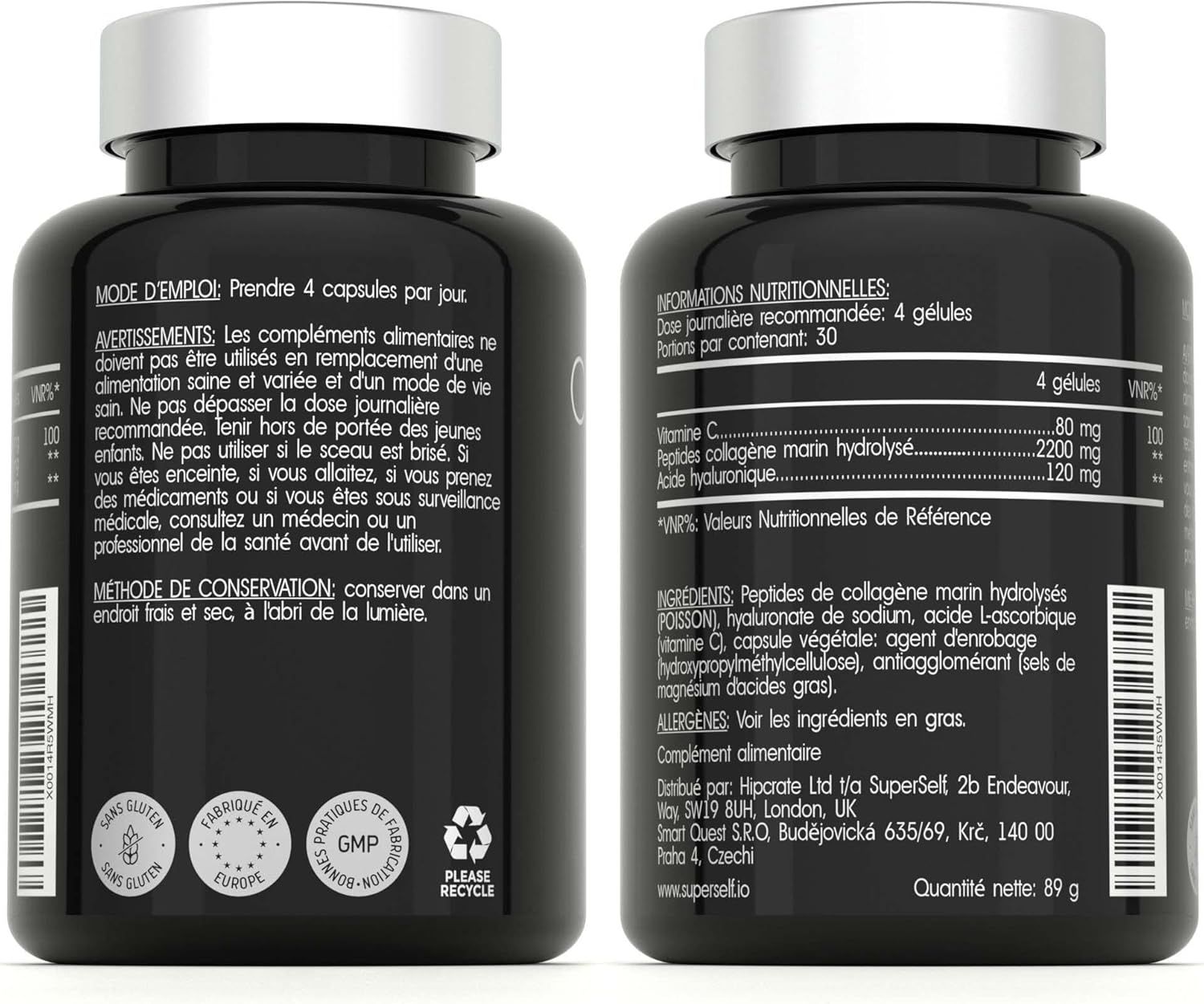 Flacons de capsules noirs avec étiquettes blanches détaillant les informations nutritionnelles et les instructions d'utilisation.