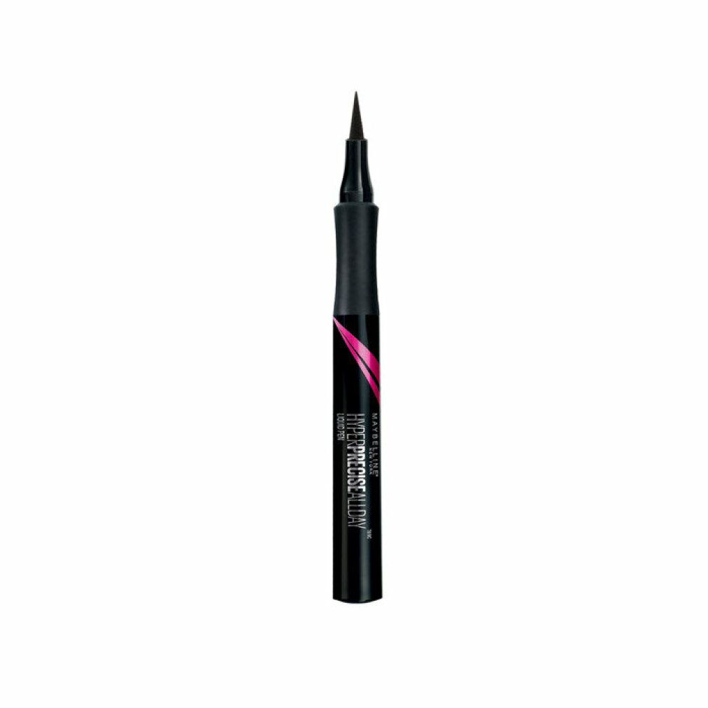 Eyeliner noir à pointe fine. Inscription: Master Precise All Day. Accent rose.