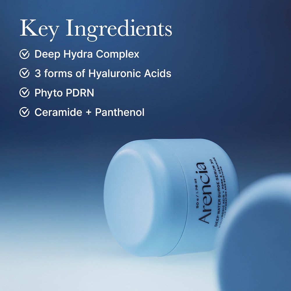 ARENCIA Deep Water Surge Serum 30 pot met lijst van hoofdingrediënten: hyaluronzuur, PDRN, ceramide.