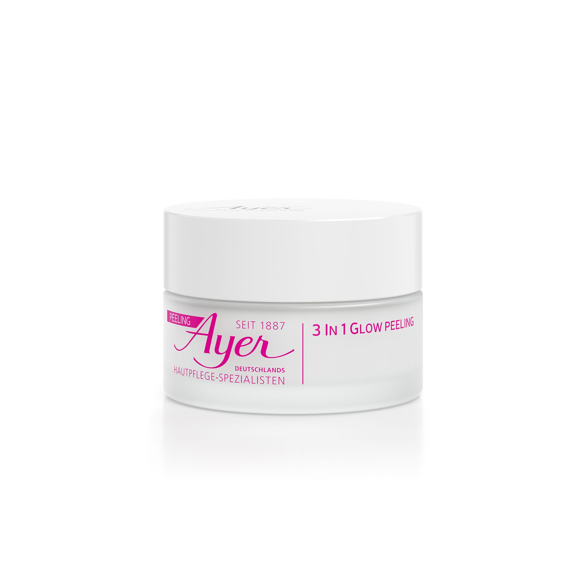 Ayer 3 In 1 Glow Peeling dans un pot blanc avec inscription rose et couvercle.