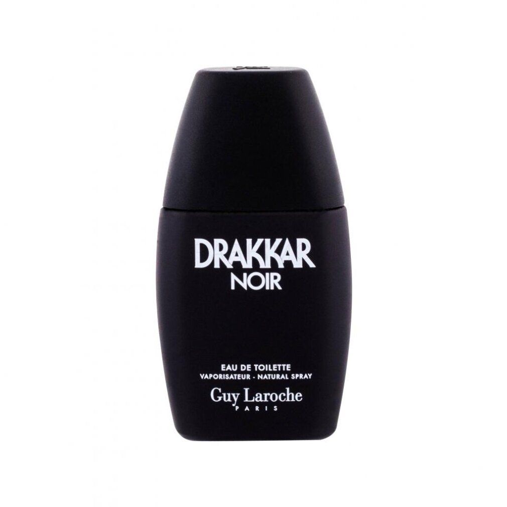 Zwarte fles van Drakkar Noir Eau de Toilette. Zwarte fles met witte tekst. De fles heeft een ovale vorm.