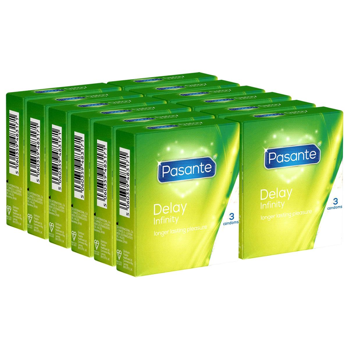 Plusieurs boîtes vertes "Pasante Delay Infinity". Chaque boîte contient 3 préservatifs.