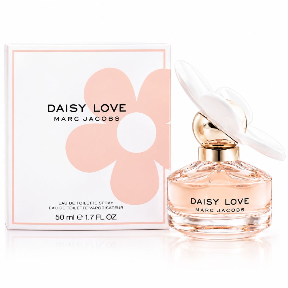 Marc Jacobs Daisy Love Eau de Toilette Spray flesje en verpakking met bloemenmotief.