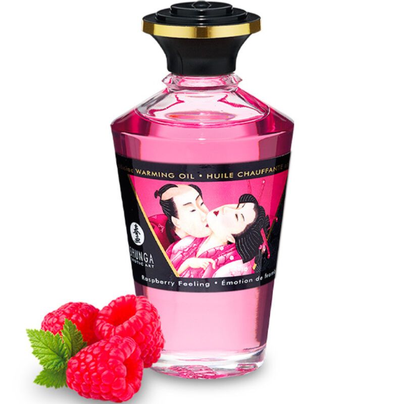 Shunga warming oil Raspberry Feeling, fles met frambozen.