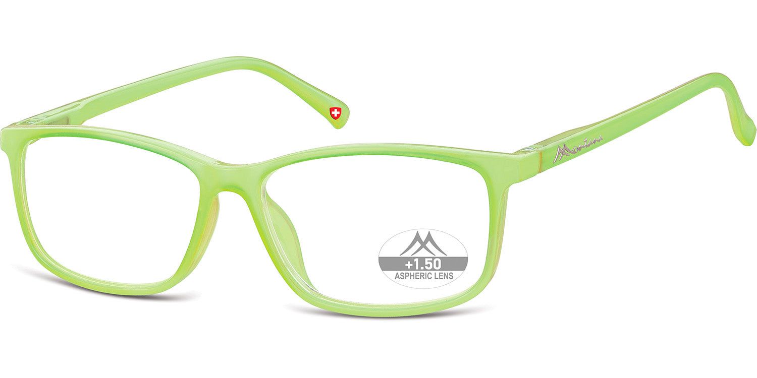Lunettes vert clair à verres rectangulaires. Une croix rouge est visible sur la branche droite. "+1.50" sur le verre.