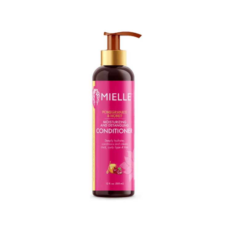 Fles met pomp. Opschrift: Mielle, Pomegranate & Honey, Moisturizing and Detangling Conditioner.