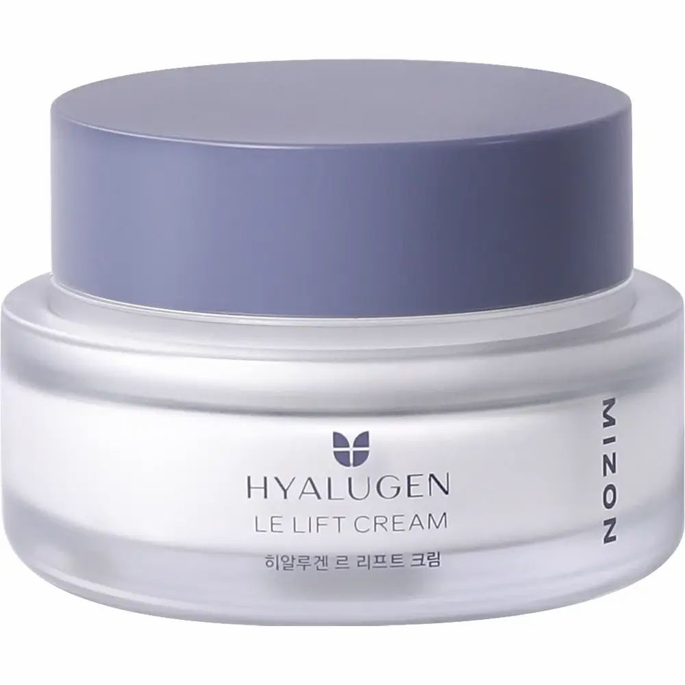 Crèmepot met blauw deksel. Opschrift: HYALUGEN LE LIFT CREAM, MIZON. Koreaanse karakters.
