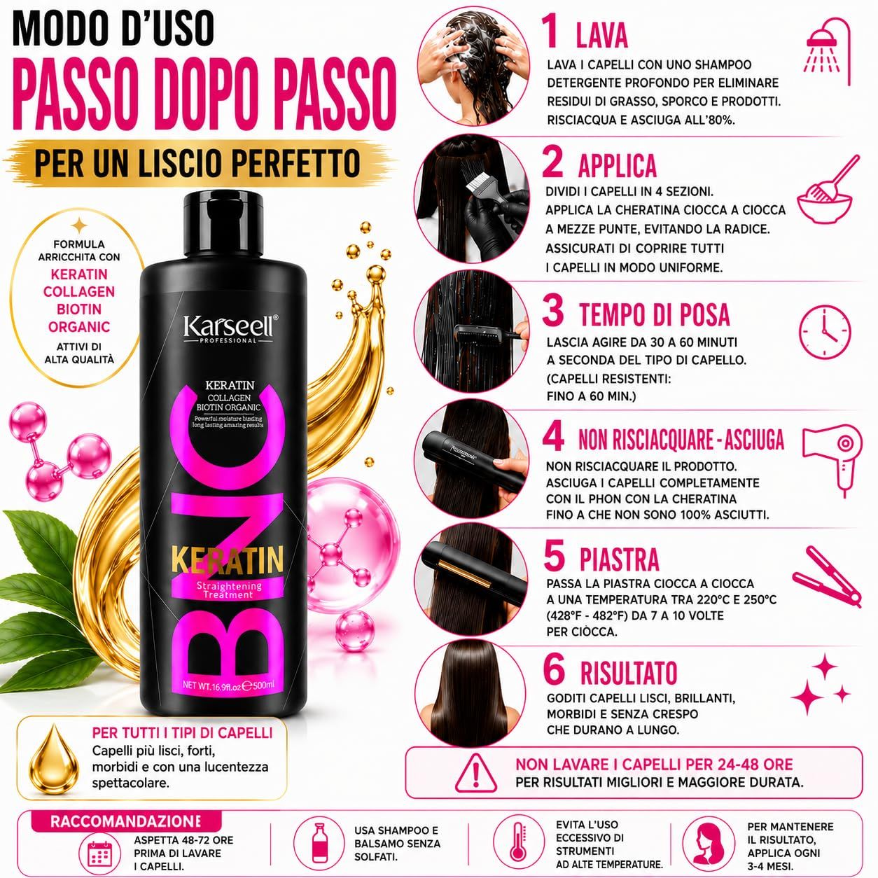 Bouteille noire avec inscription "Karseell Keratin", contient un traitement lissant pour cheveux.