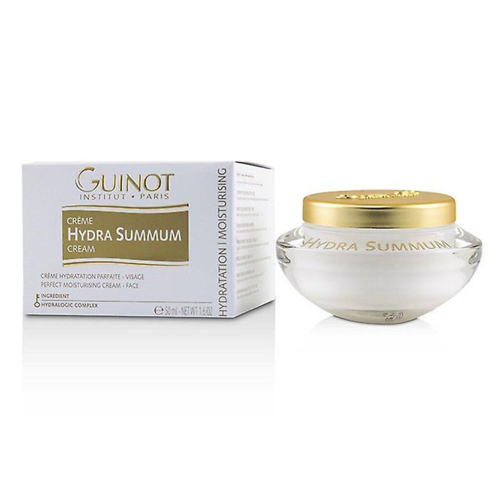 Crèmepot en doos. Op de doos staat "GUINOT". Op de pot staat "HYDRA SUMMUM".