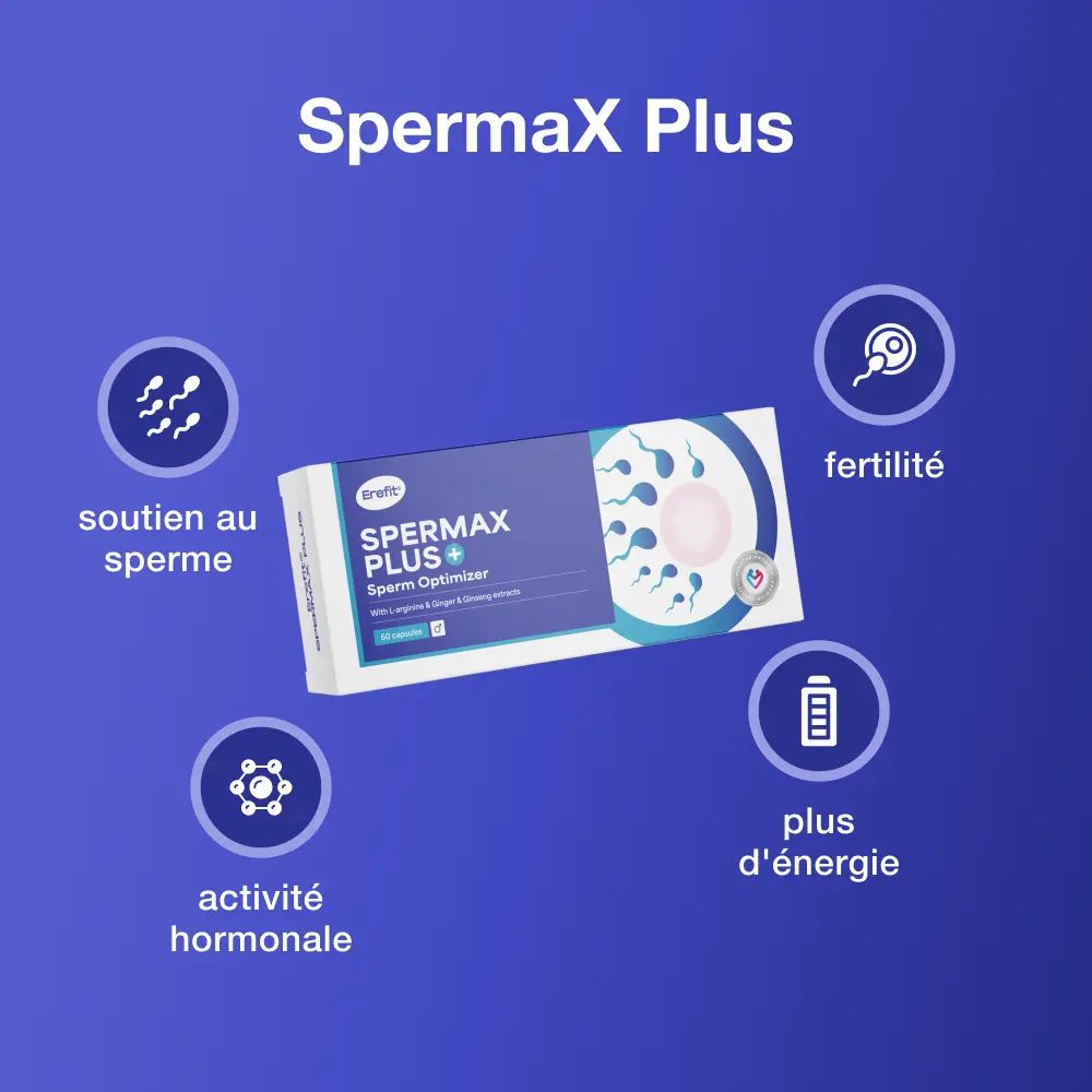 Boîte Erefit SpermaX Plus. 60 gélules. Illustrations: sperme, fertilité, activité hormonale, énergie.
