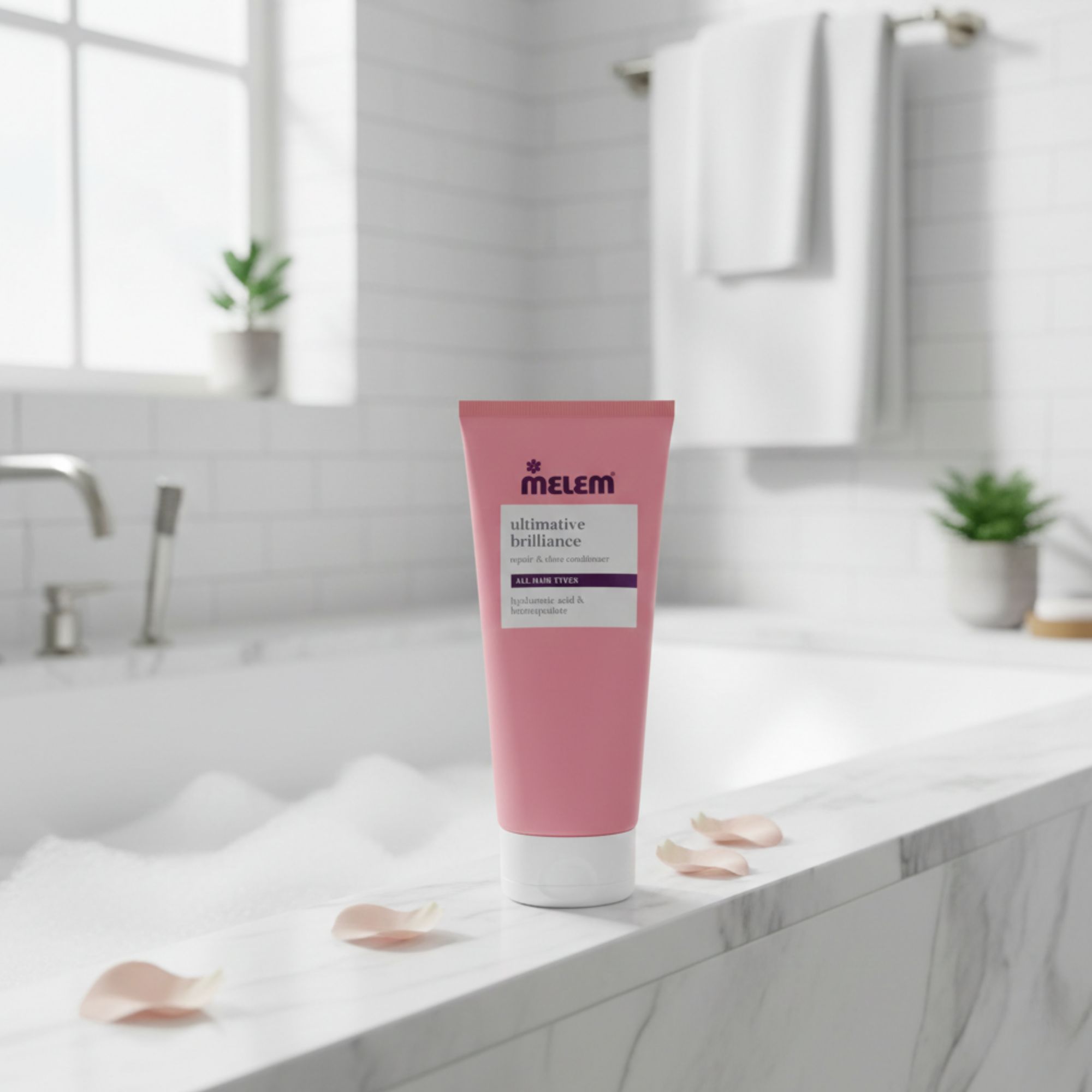 Tube rose sur le bord d'une baignoire. Inscription: Melem, ultimative Brilliance, Repair & Shine Conditioner. Pour tous types de cheveux. Pétales.