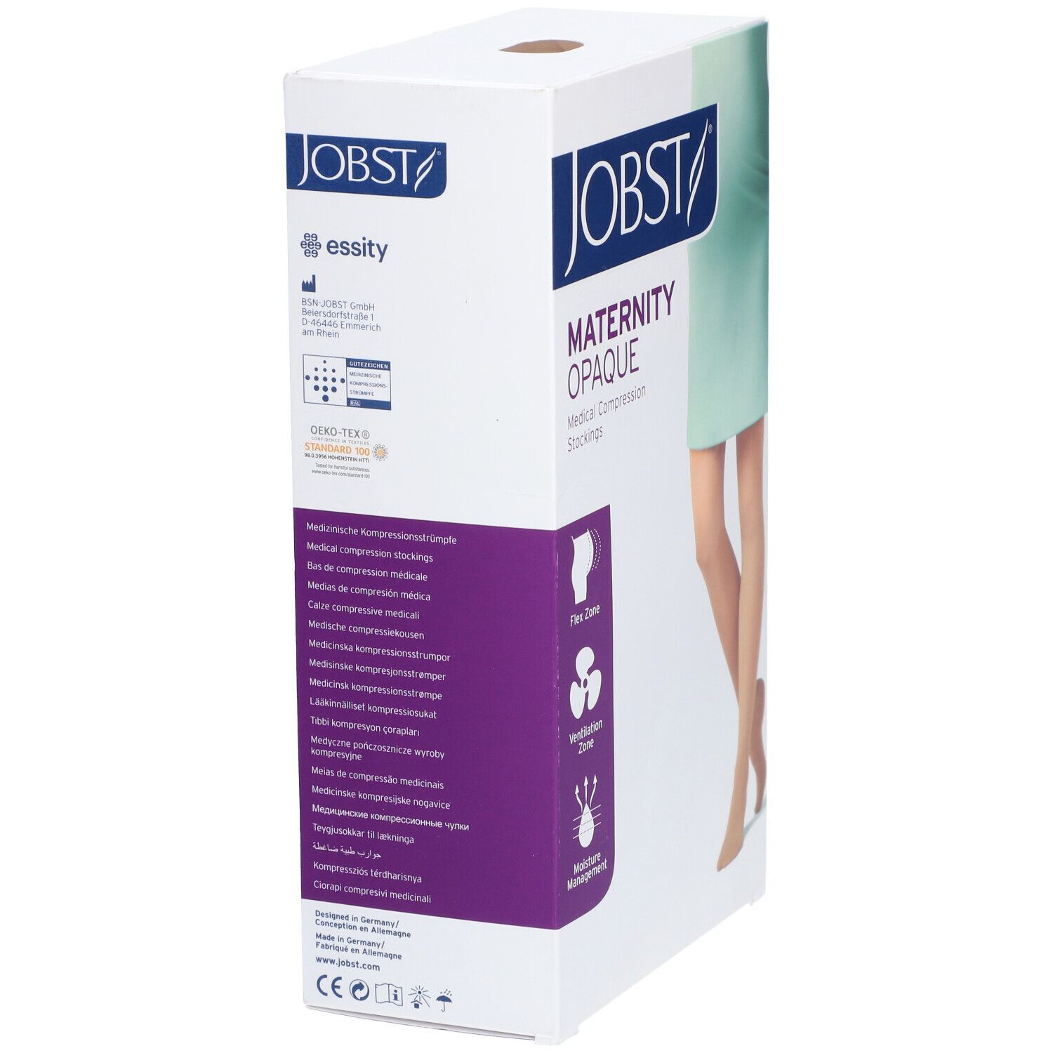 Emballage du collant de compression JOBST Maternity Opaque. Texte en plusieurs langues. Flex Zone, Ventilation Zone et Moisture Management.