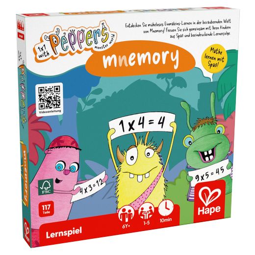Verpakking van Hape Mnemory. Bevat 117 onderdelen. Illustraties van monsters en wiskundige vergelijkingen. FSC-gecertificeerd.