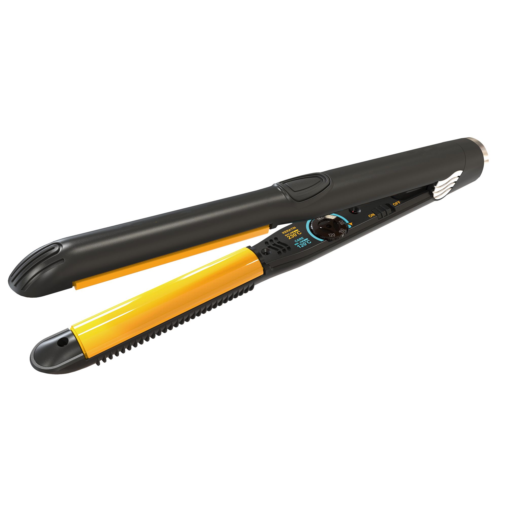 Zwart stijltang met gele elementen. Digitale display. Open.