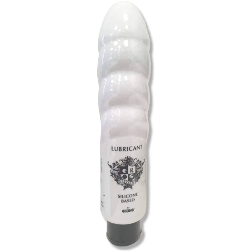 Récipient blanc en forme de gode, bouchon noir. Inscription: LUBRICANT, SILICONE BASED. Marque: EROS.