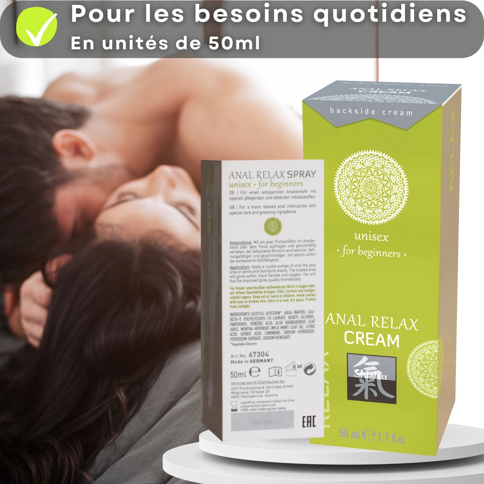 Tube et boîte vertes. Texte : ANAL RELAX CREAM, unisex for beginners. Logo. Bouchon rose. 50 ml. Couple en arrière-plan.