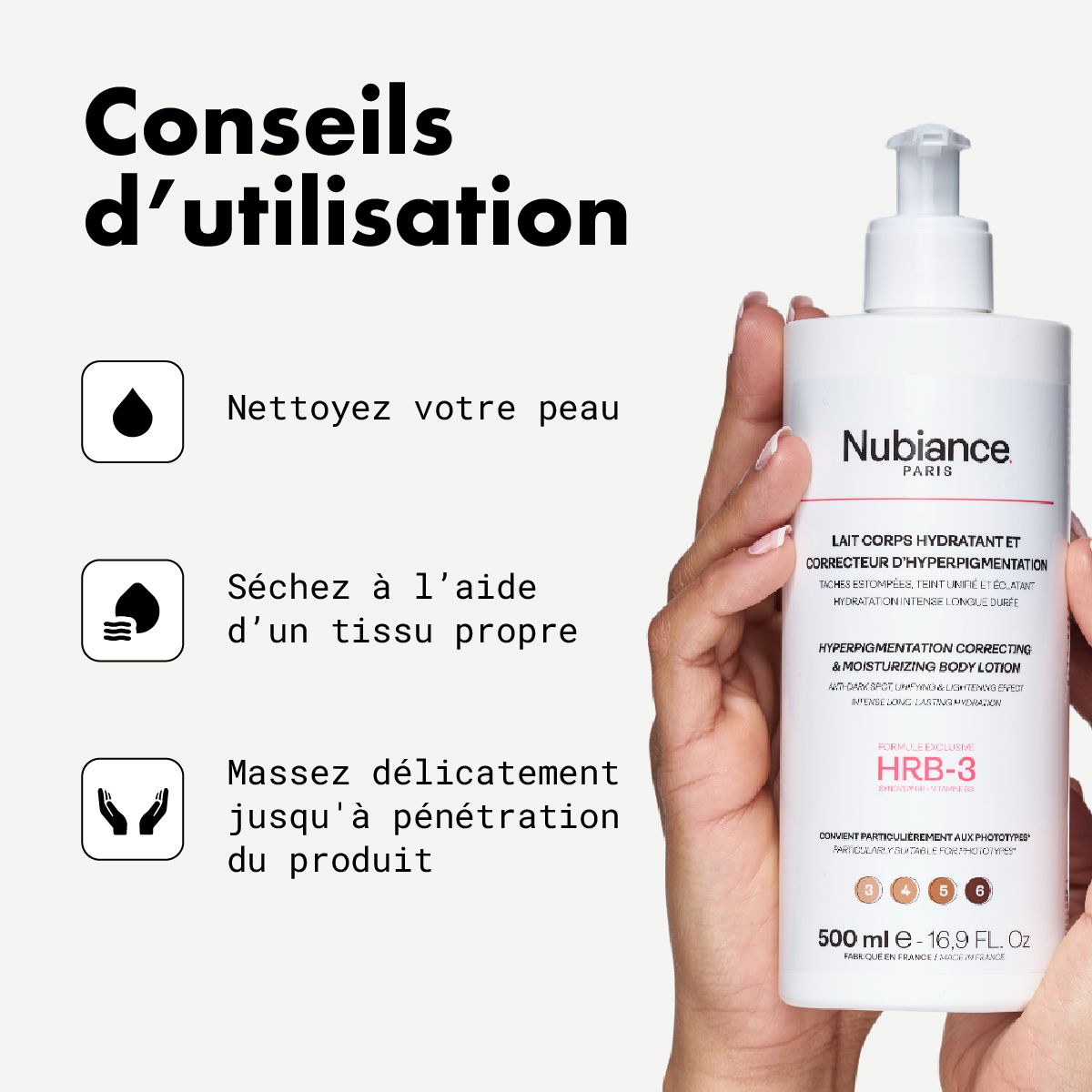 Mains tenant un flacon avec pompe. Texte: Nubiance, HRB-3, Lait Corps. Icônes d'utilisation et texte.