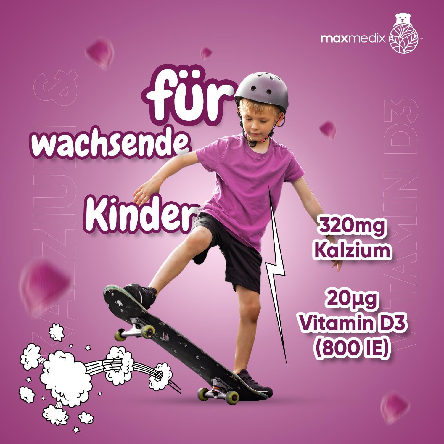 Kind op skateboard. Tekst: Voor opgroeiende kinderen. 320mg Calcium, 20µg Vitamine D3 (800 IE).