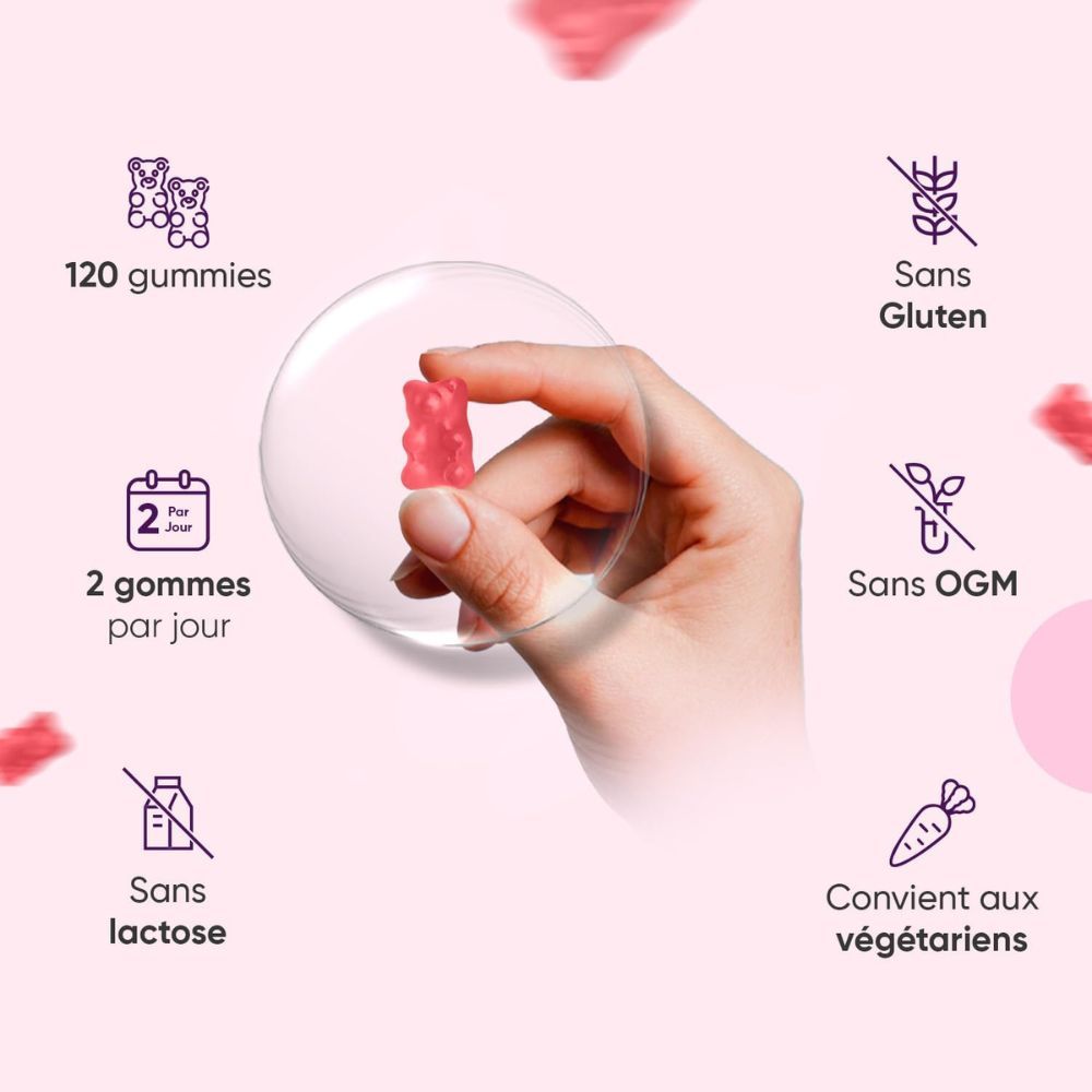 Main tenant un ourson en gélatine. 120 gommes. 2 gommes par jour. Sans gluten, OGM, lactose et pour végétariens.