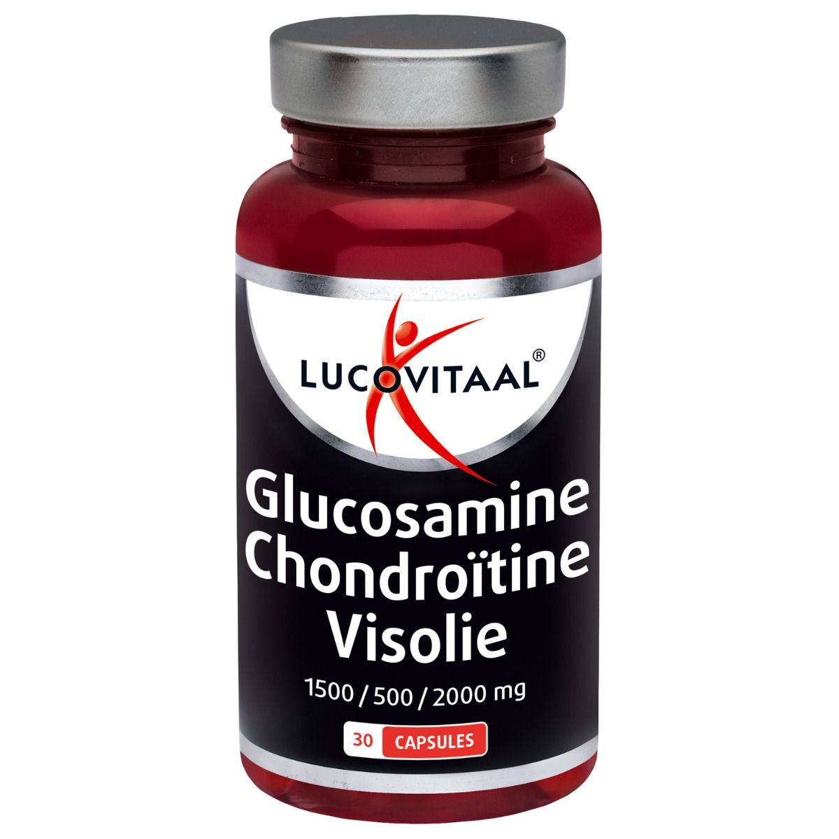 Rode capsulefles met zilveren deksel. Opschrift: Lucovitaal, Glucosamine Chondroïtine Visolie, 1500/500/2000 mg, 30 capsules.
