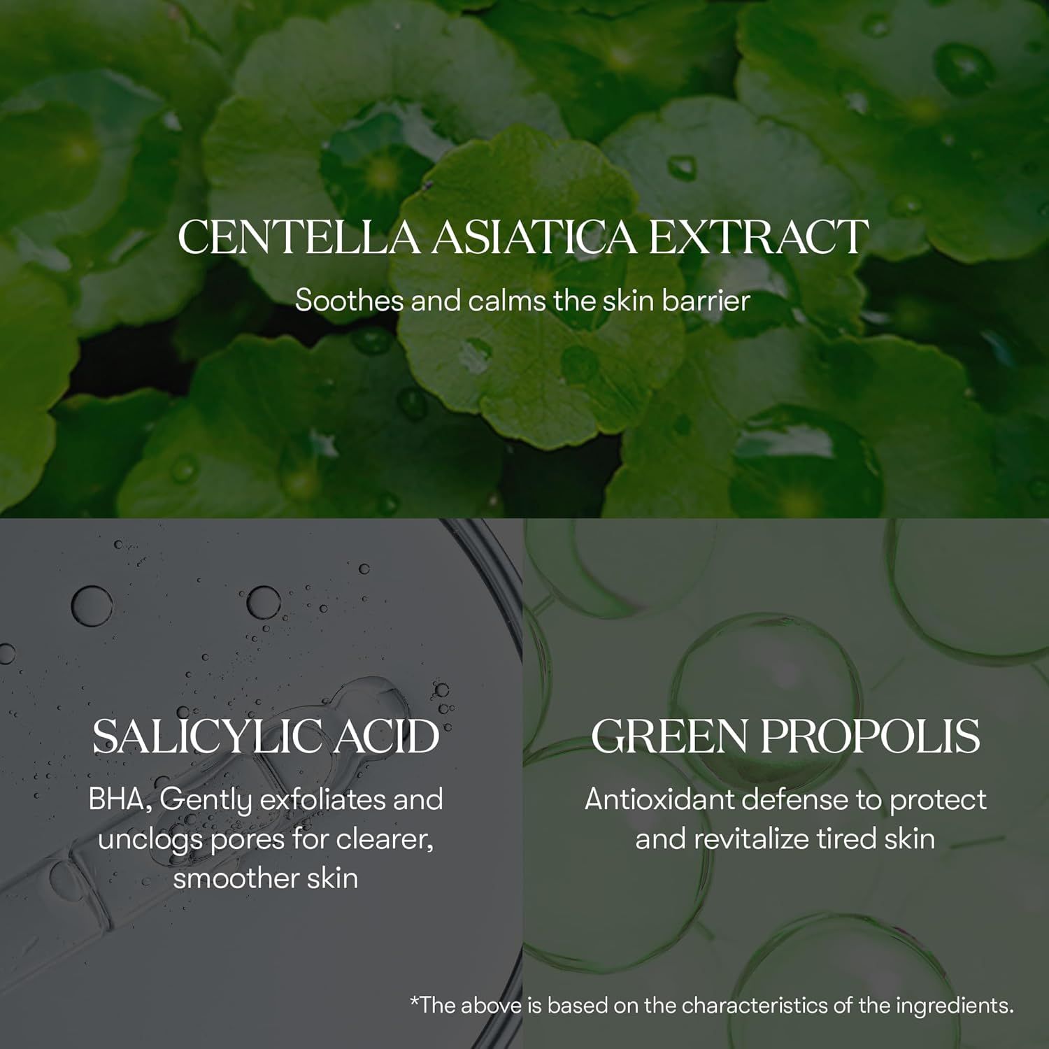 Graphique des ingrédients: Extrait de Centella Asiatica, Acide salicylique, Propolis verte. Descriptions des ingrédients et de leurs effets.